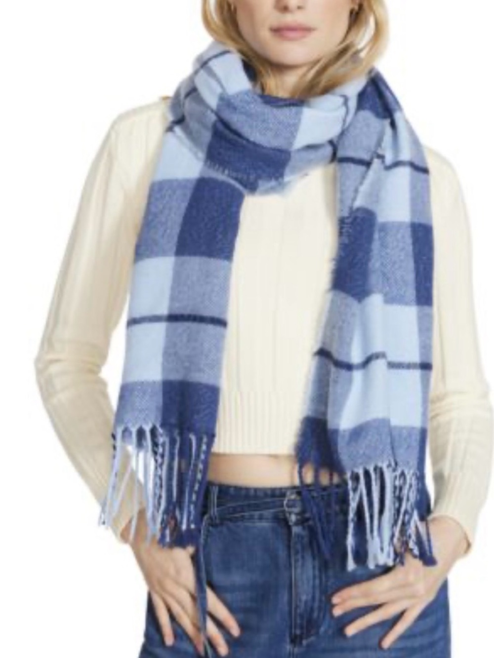 Steve Madden Blue Plaid Fringe Scarf. NWT